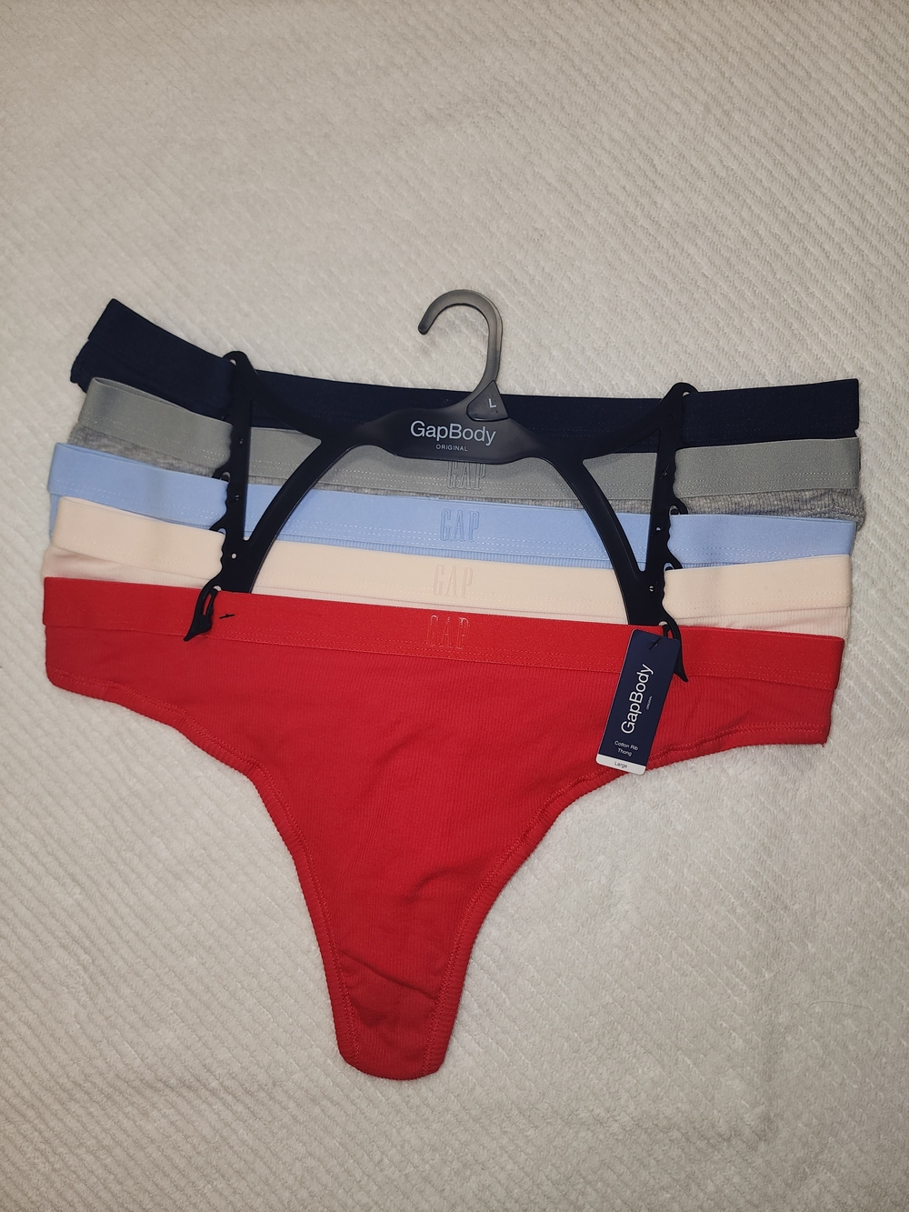 GAP Women's 5-Pack Thong Panties - Red, Navy, Gray, Light Blue, Cream